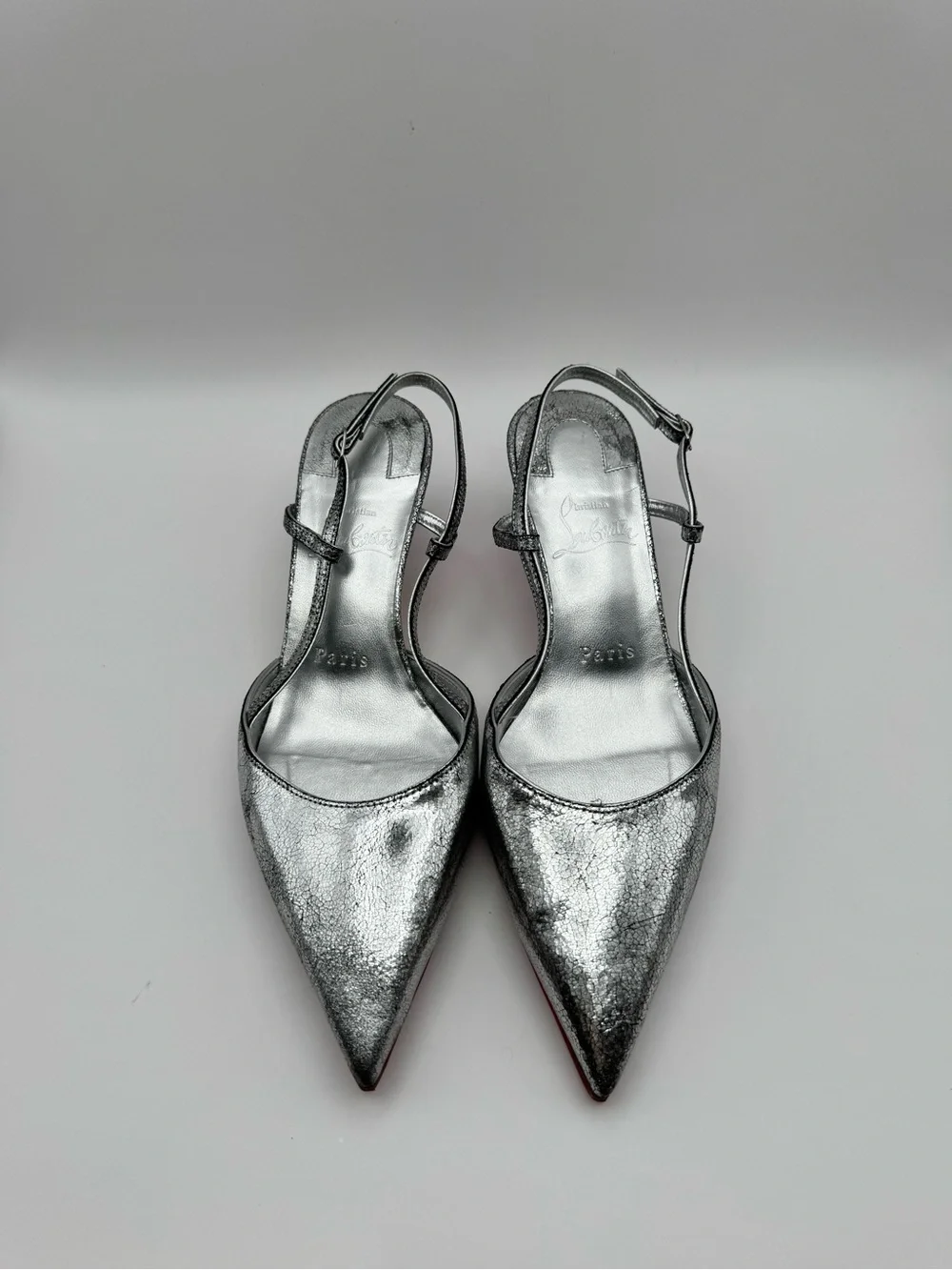 Christian Louboutin Condoroline 55 Silver Crackled Slingbacks EU 36